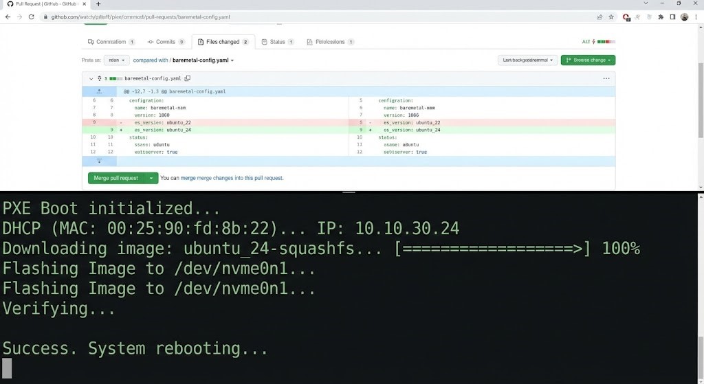 A GitHub PR triggering a real-time bare metal OS reinstall.