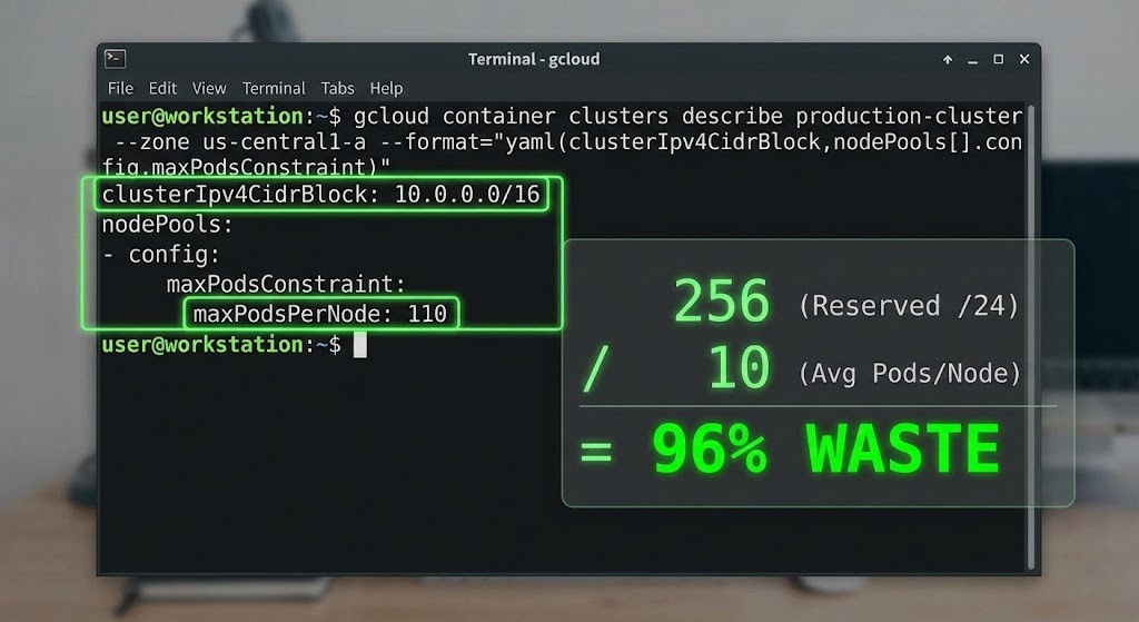Terminal screenshot showing GKE cluster description with highlighted IP allocation settings.