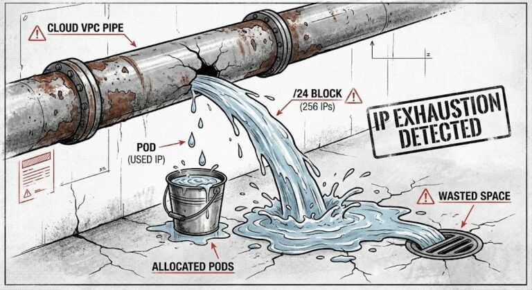 A diagram showing GKE allocating large /24 blocks of IP addresses but only using a fraction for actual pods.