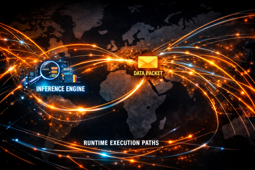 Visualization of non-deterministic cloud execution paths crossing jurisdictional boundaries.