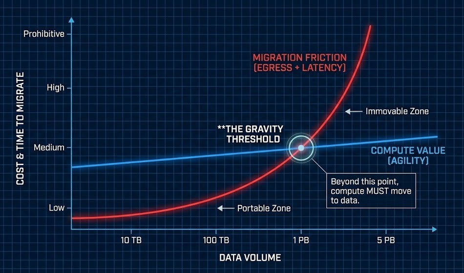 A comparative architecture diagram illustrating the "Inversion" of cloud design. The left panel, labeled "Old Model (App-Centric)," shows a large application server layer sitting above a smaller database dependency. The right panel, labeled "New Model (Data-Centric)," shows a massive data foundation serving as the platform, with smaller application logic and inference functions embedded directly within or around it.