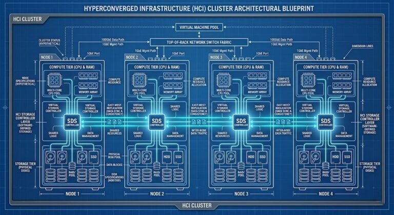 Hyperconverged infrastructure cluster diagram showing compute and distributed storage convergence across nodes.
