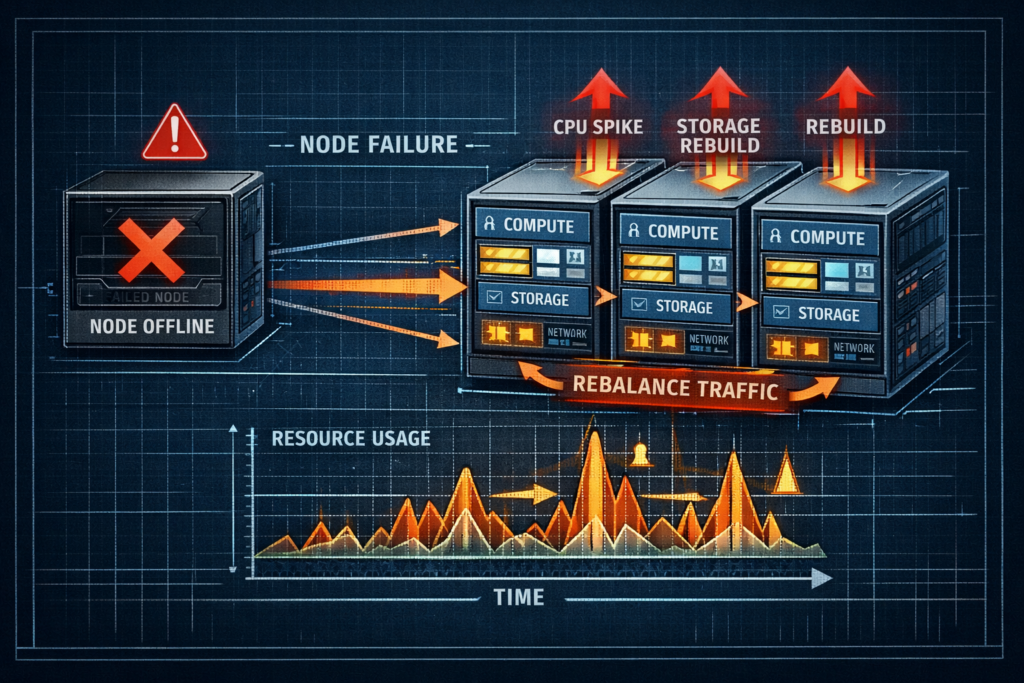 HCI cluster node failure diagram showing rebuild traffic and resource redistribution across remaining nodes.