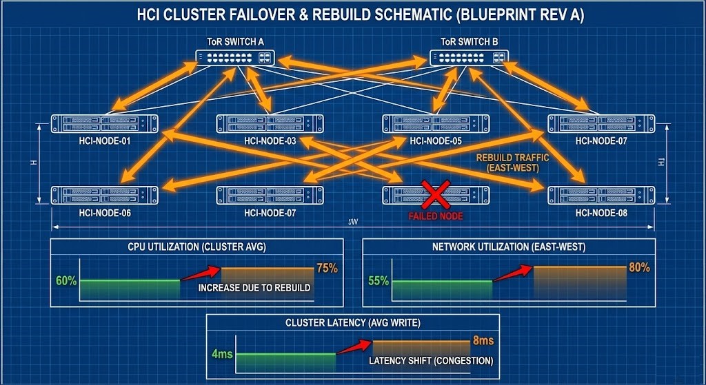 HCI rebuild traffic amplification after node failure increasing CPU, network utilization, and P99 latency.