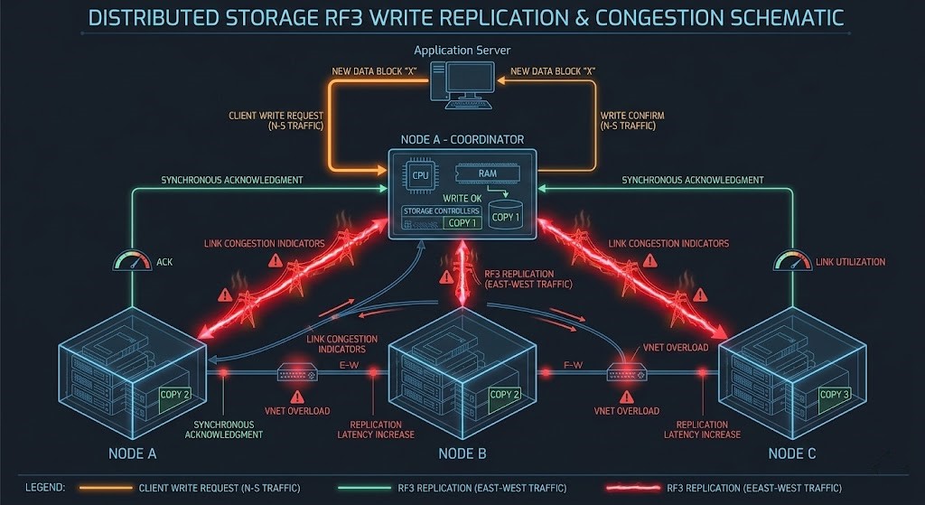 HCI replication factor 3 diagram showing east-west data replication between cluster nodes.