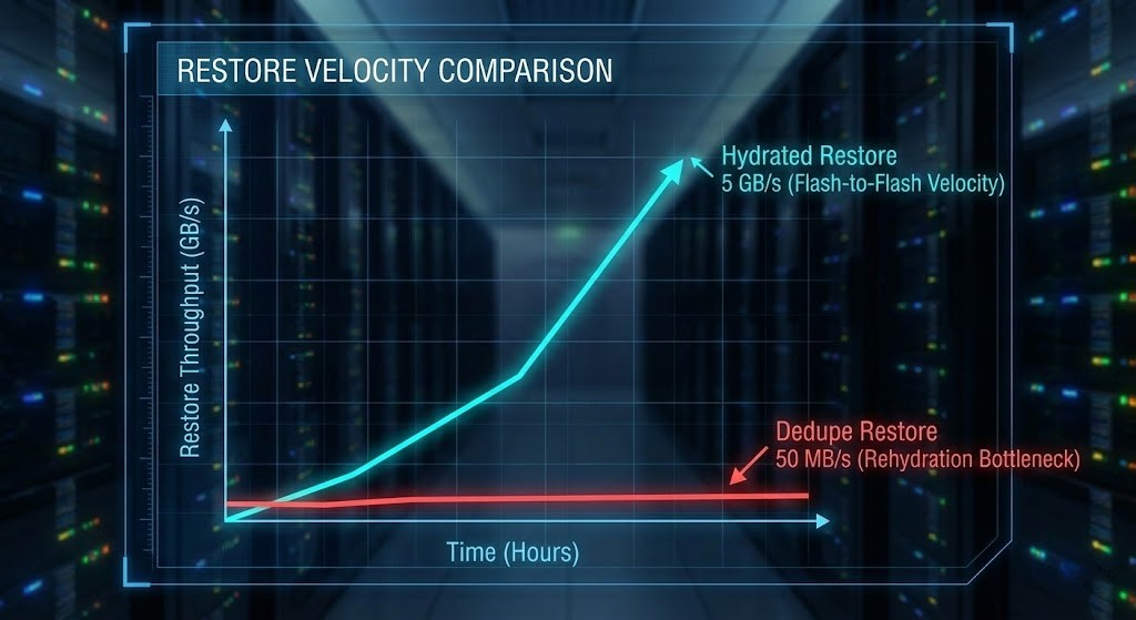 Performance graph comparing recovery speeds of hydrated vs. deduplicated data.