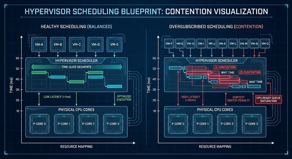 Hypervisor CPU scheduling diagram showing vCPU to physical core mapping and oversubscription contention