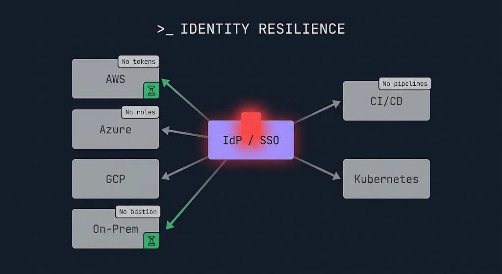 Identity resilience architecture diagram — centralized IdP failure cascading across AWS, Azure, GCP, and on-premises systems