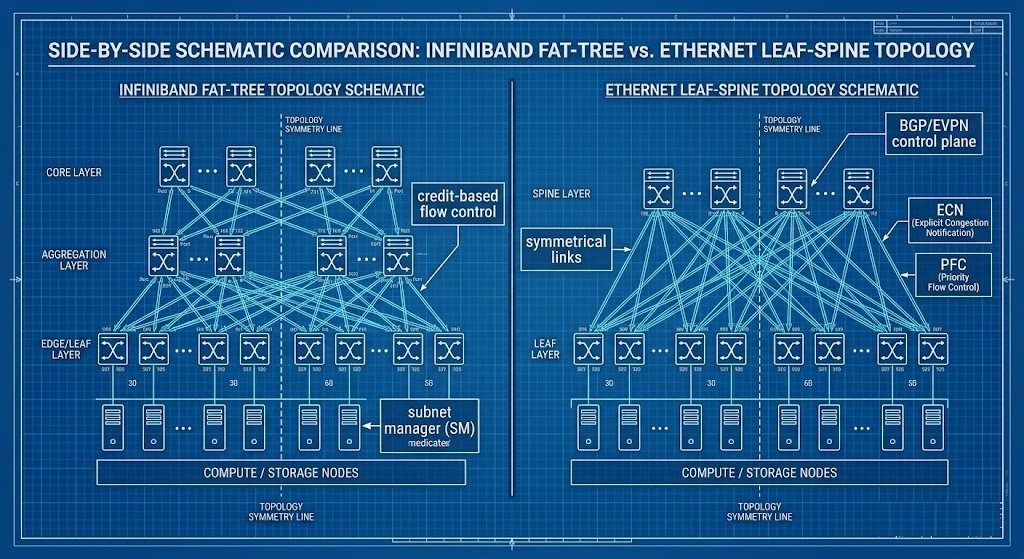 InfiniBand fat-tree versus Ethernet leaf-spine deterministic AI network architecture comparison