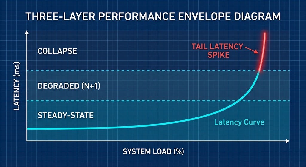 Performance envelope model showing steady-state, degraded N+1, and collapse latency zones.