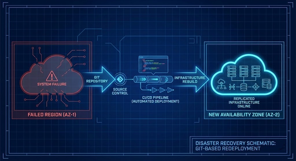 Diagram illustrating infrastructure rebuild from Git repository after regional failure.