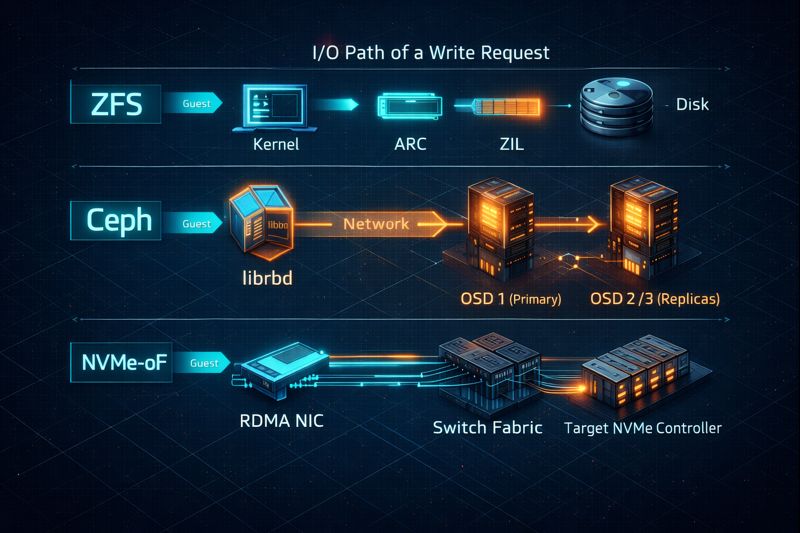 Technical data flow diagram comparing the I/O write path latency of local ZFS, distributed Ceph replication, and NVMe over Fabrics RDMA.