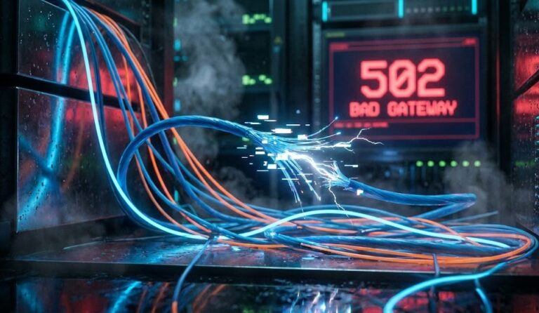 A frayed fiber optic cable glowing in a dark server room with a 502 Bad Gateway error on a monitor in the background.