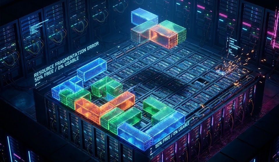 A 3D isometric illustration of a server rack Tetris game where scattered blocks and empty gaps prevent a new container from fitting, symbolizing Kubernetes resource fragmentation.