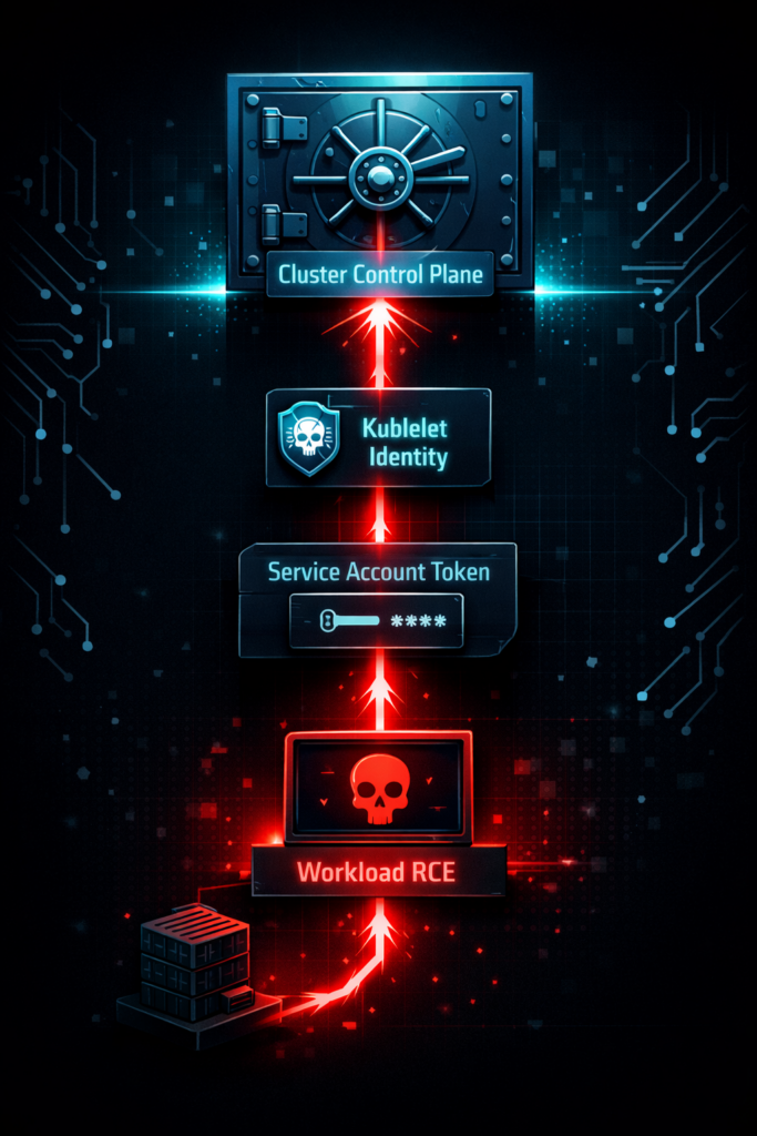 Diagram showing the escalation path of a Kubernetes container breakout to full cluster takeover.
