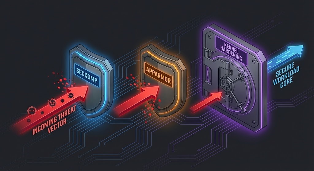 Sequential multi-layered security architecture showing Seccomp, AppArmor, and Kernel Hardening.