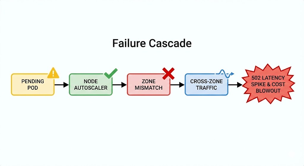 A flowchart illustrating how a simple scheduler event cascades into a networking and storage failure.