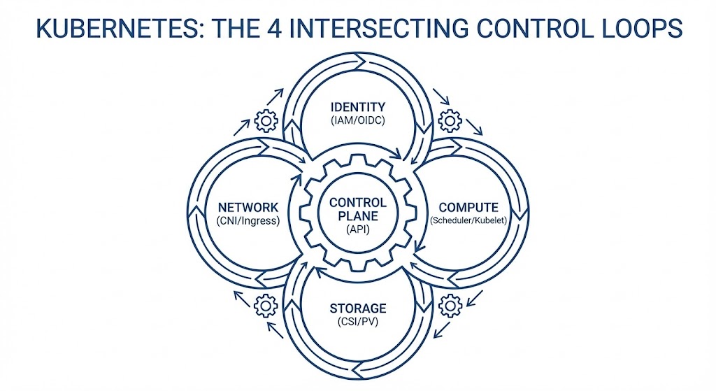The Rack2Cloud System Model showing Kubernetes as four intersecting control loops.