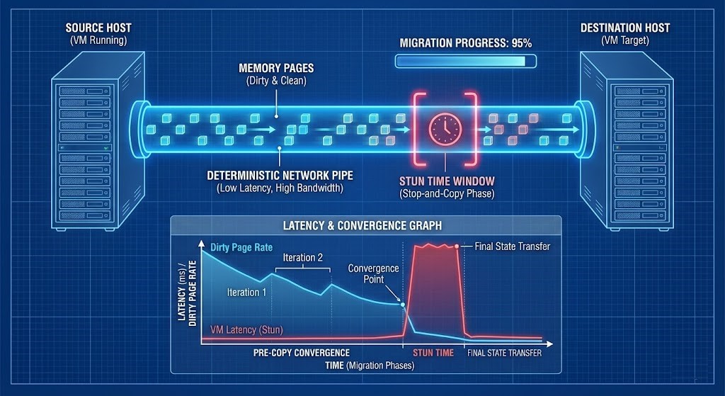 Live VM memory migration across network with stun window visualization.