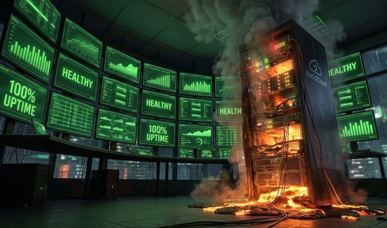 Melting server rack in a room full of green "Healthy" dashboards.