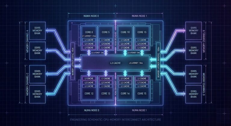 Modern CPU architecture diagram showing multi-core topology, cache hierarchy, and memory channels in deterministic compute design