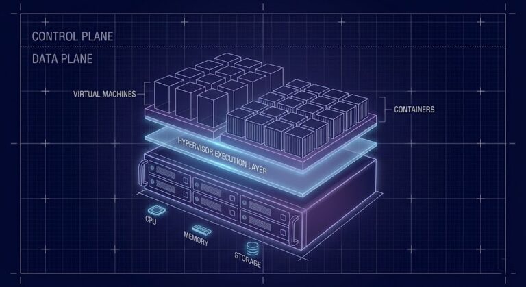 Modern virtualization architecture diagram showing hypervisor execution layer above physical servers in a deterministic infrastructure design