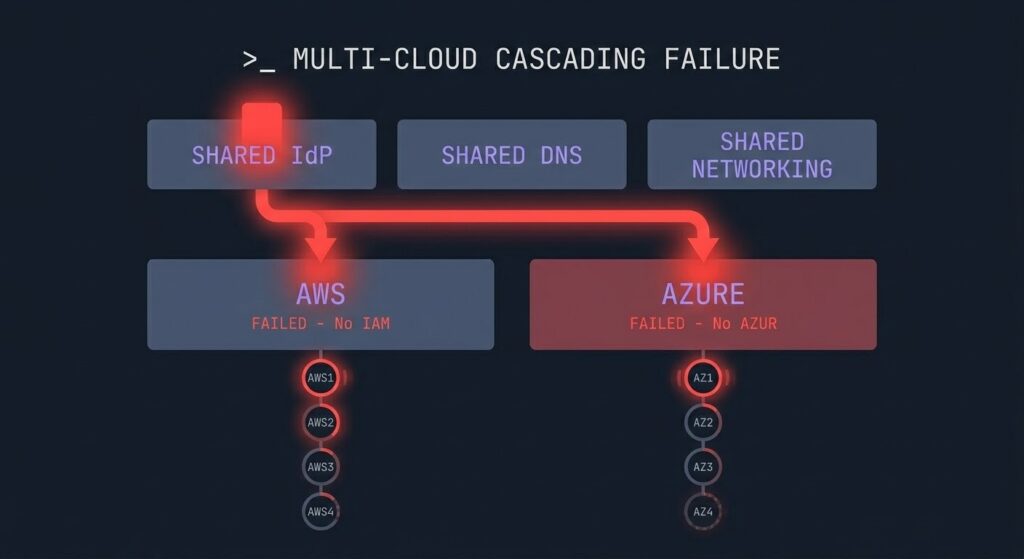 Multi-cloud cascading failure architecture diagram showing shared IdP failure propagating across AWS and Azure simultaneously