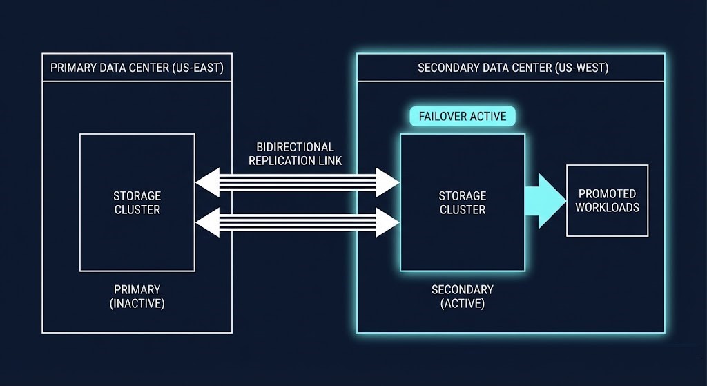 Multi-site storage replication diagram showing active failover and data resiliency architecture