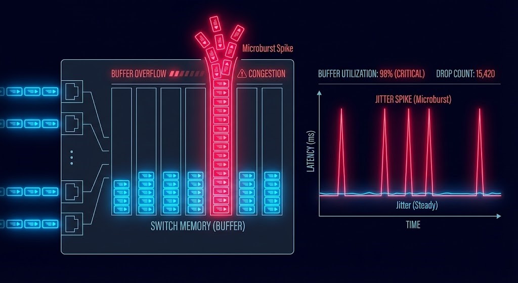 Network microburst congestion diagram showing packet buffer overflow and latency spikes inside a data center switch.