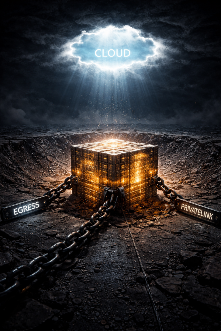 Brutalist illustration of data gravity and networking chains holding cloud data hostage.