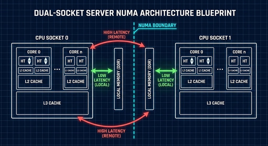 NUMA CPU topology diagram showing dual sockets, cache hierarchy, and memory locality impact