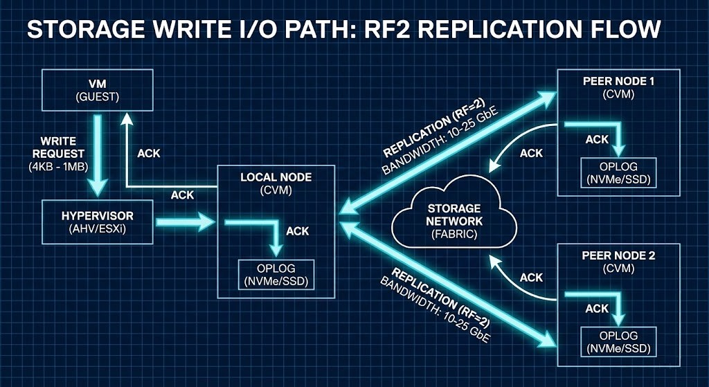 Distributed storage write path showing replication multiplier and network overhead