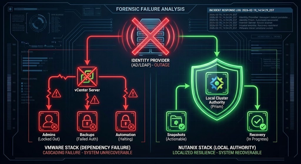 orensic diagram showing an Active Directory outage locking out a VMware environment while a Nutanix environment retains local administrative authority.
