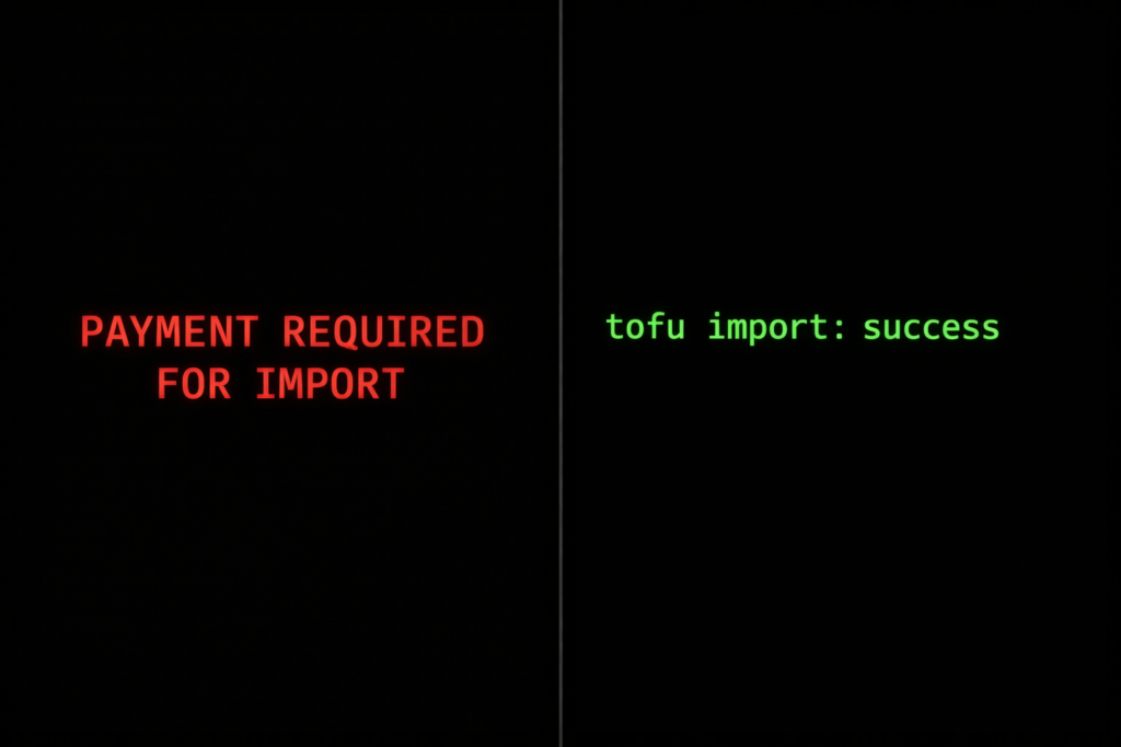 Split terminal screen showing Terraform error vs OpenTofu success.