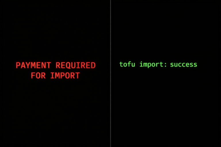 Split terminal screen showing Terraform error vs OpenTofu success.