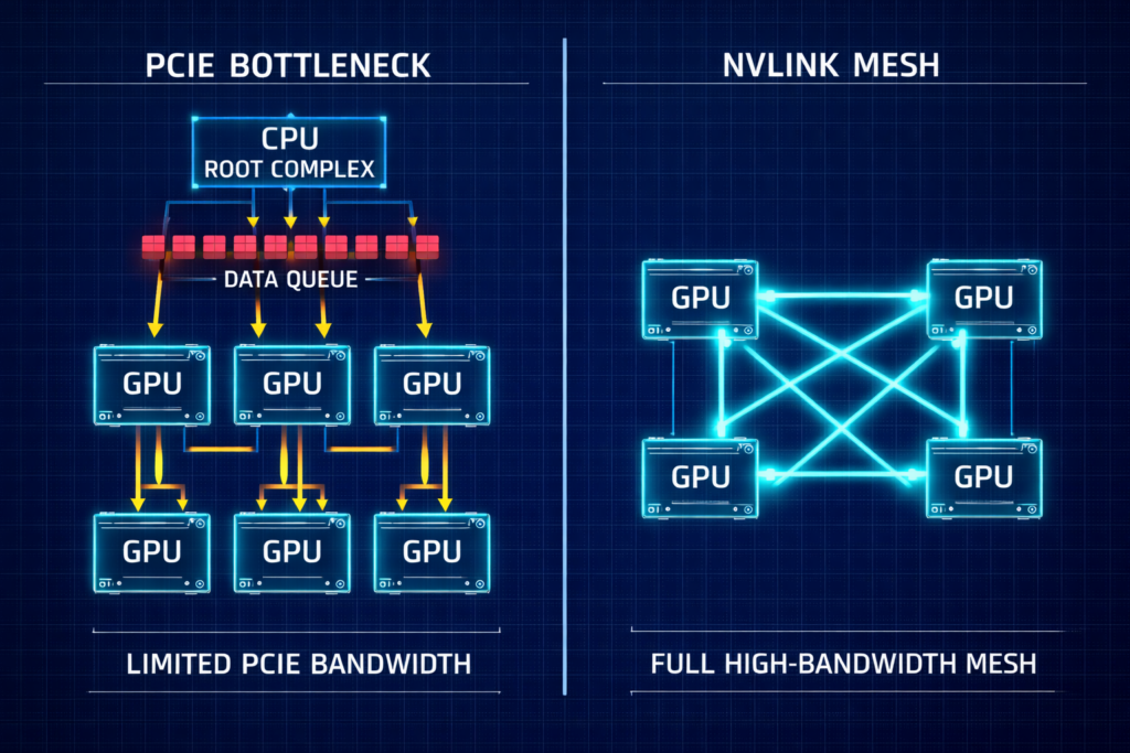 Diagram contrasting the bottleneck of PCIe data flow through a CPU versus the direct mesh communication of NVLink.