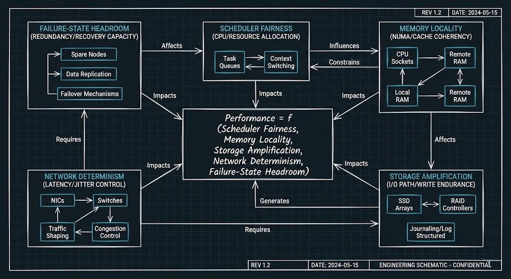 Performance modeling equation showing interaction between CPU scheduling, memory locality, storage amplification, network determinism, and failure-state headroom.