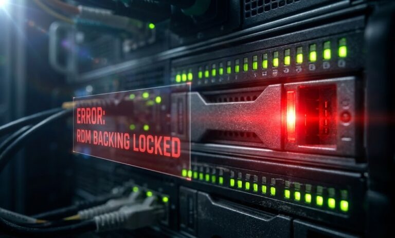 A server rack with a red fault light indicating a Physical Raw Device Mapping error.