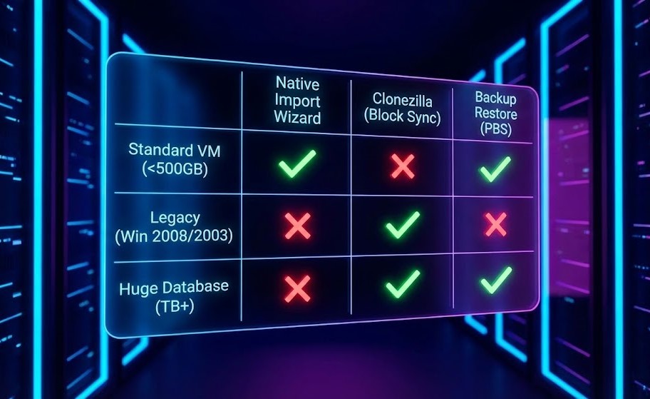 Comparison table of Proxmox migration tools showing when to use Native Import vs Clonezilla vs Backup Restore.