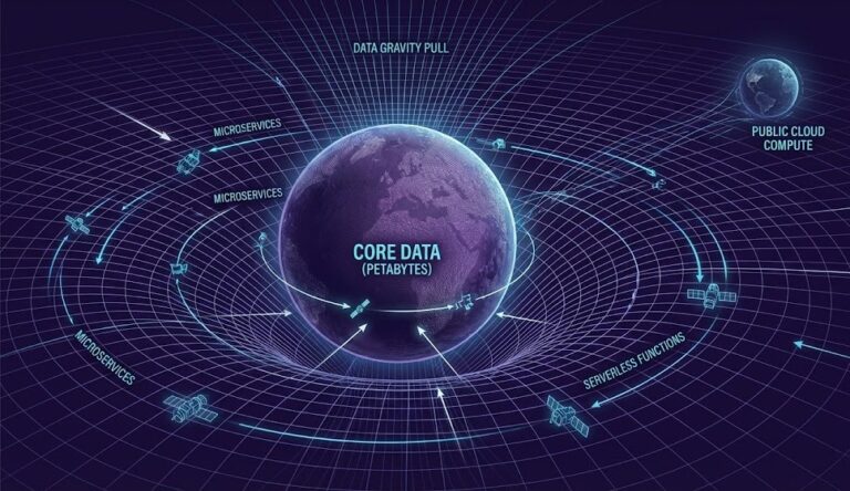 The Rack2Cloud Data Gravity Well showing how massive datasets anchor compute workloads.