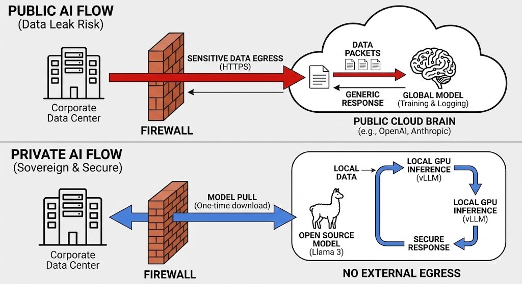 Diagram showing the data flow difference between Public AI APIs and Private On-Prem AI.