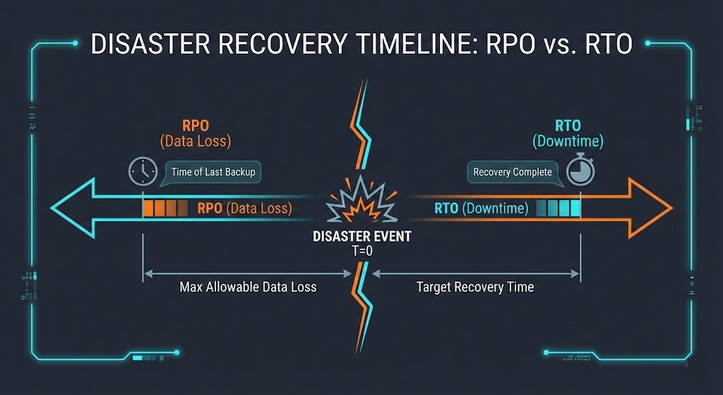 Diagram comparing Recovery Time Objective (RTO) and Recovery Point Objective (RPO) timelines during an IT disaster.