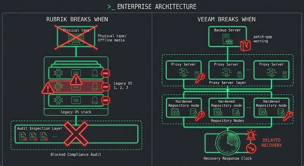 Rubrik and Veeam backup architecture failure modes and breaking points comparison