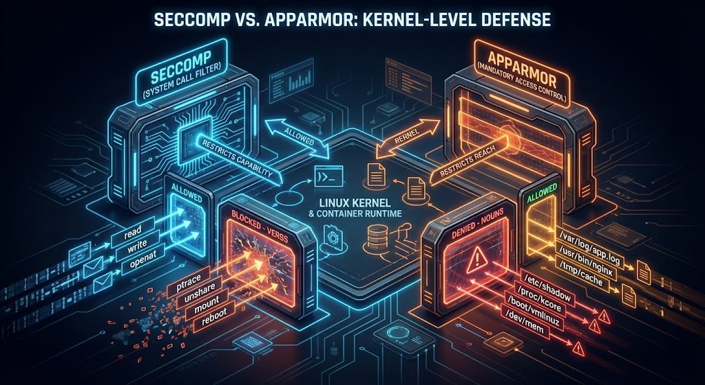 Comparison diagram of Seccomp system call filtering versus AppArmor mandatory access control.