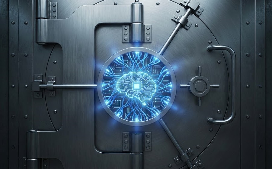A bank vault door protected by a neural network, symbolizing secure, sovereign AI.