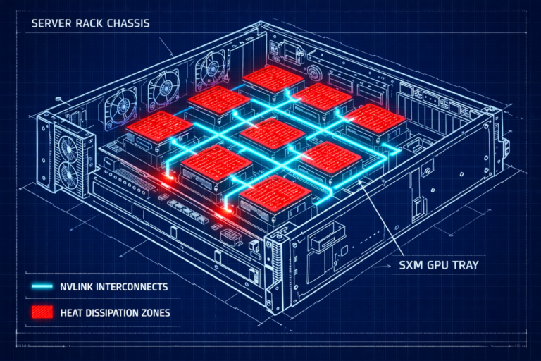 Technical blueprint of an NVIDIA HGX chassis showing SXM5 GPU interconnects and thermal airflow zones.