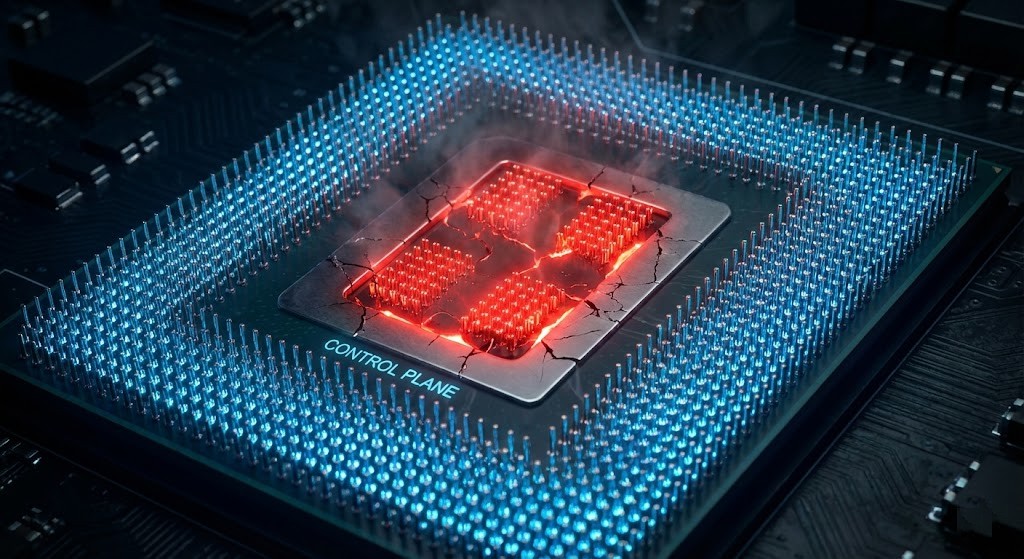 A visualization of a CPU socket showing the Control Plane as a red-hot bottleneck.