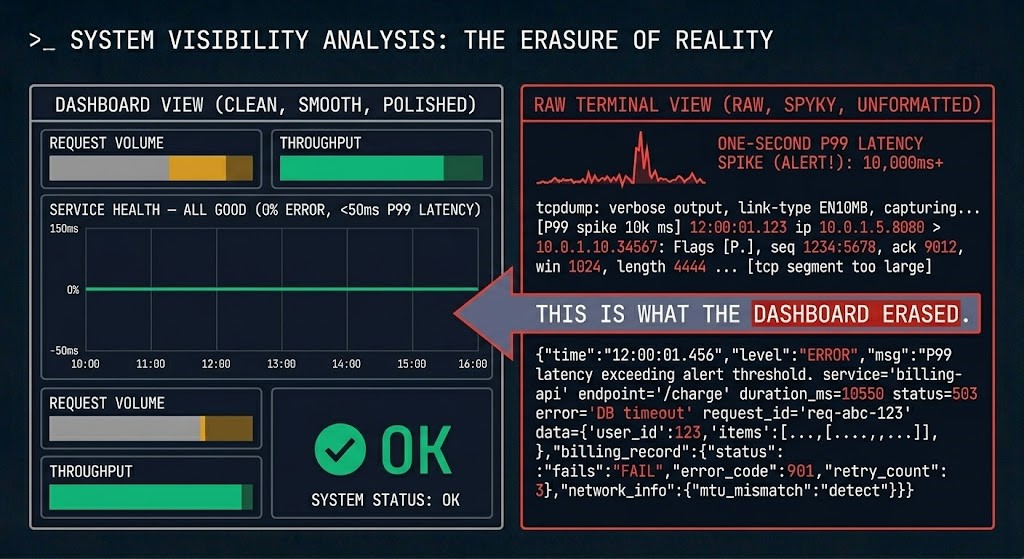 Software brutalism architecture diagram showing raw log output and tcpdump data versus smoothed dashboard abstraction hiding the P99 latency spike root cause