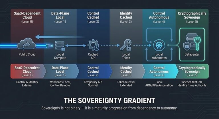 Sovereignty maturity progression from dependent to cryptographically autonomous.