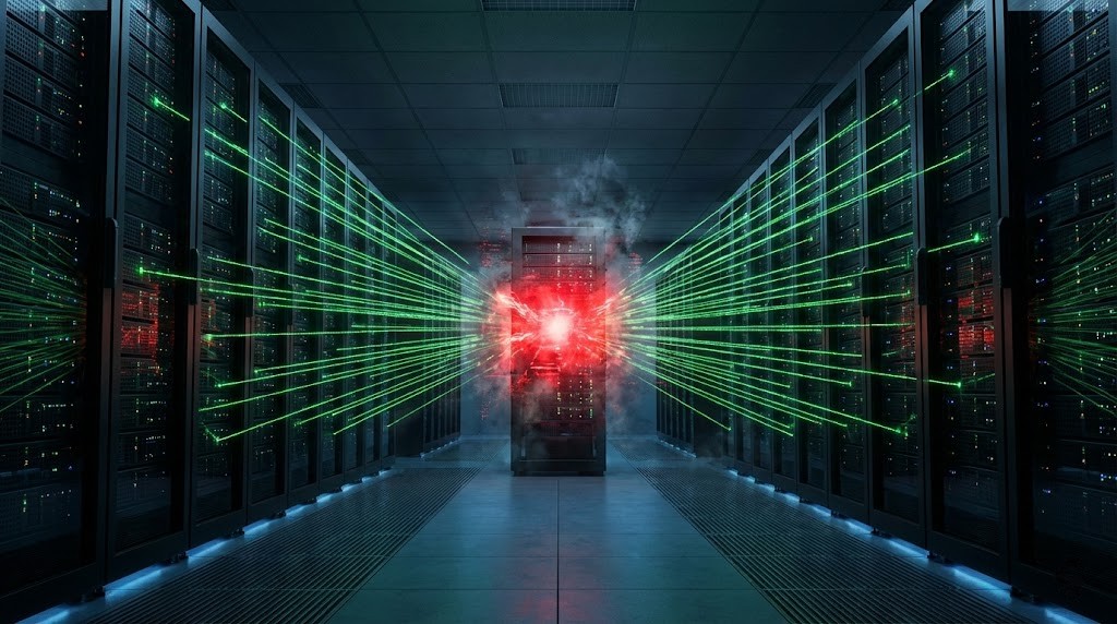 A chaotic visualization of a "Rail-Optimized" network topology showing a congestion hotspot in the spine.